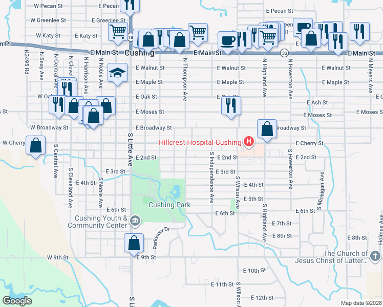 map of restaurants, bars, coffee shops, grocery stores, and more near 827 East 2nd Street in Cushing