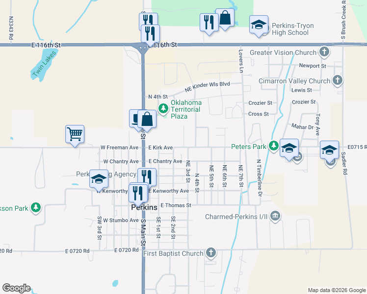 map of restaurants, bars, coffee shops, grocery stores, and more near 309 East Chantry Avenue in Perkins