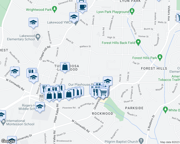 map of restaurants, bars, coffee shops, grocery stores, and more near 1823 James Street in Durham