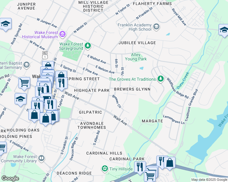 map of restaurants, bars, coffee shops, grocery stores, and more near 720 Best Street in Wake Forest