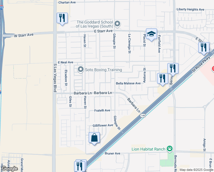 map of restaurants, bars, coffee shops, grocery stores, and more near 11656 Rossovino Street in Las Vegas