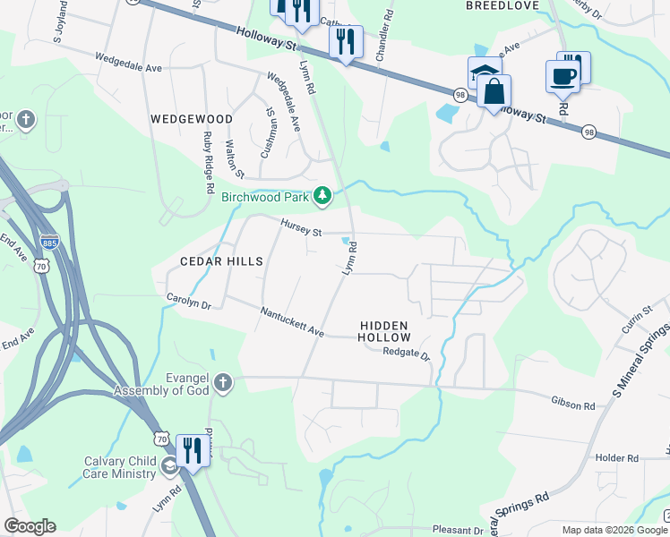 map of restaurants, bars, coffee shops, grocery stores, and more near 703 Lynn Road in Durham