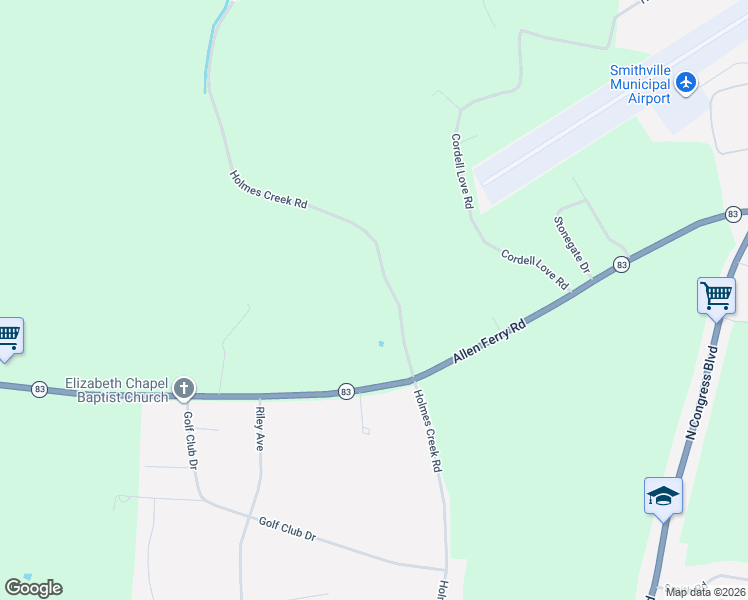 map of restaurants, bars, coffee shops, grocery stores, and more near 2309 Allen Ferry Road in Smithville
