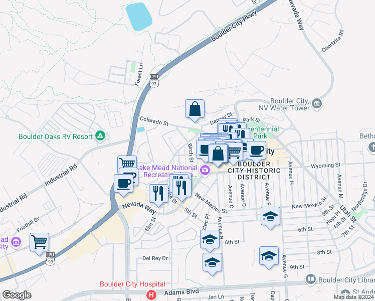 map of restaurants, bars, coffee shops, grocery stores, and more near 430 Birch Street in Boulder City