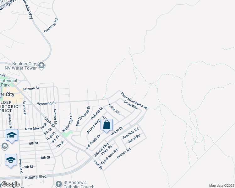 map of restaurants, bars, coffee shops, grocery stores, and more near 83 Wyoming Street in Boulder City
