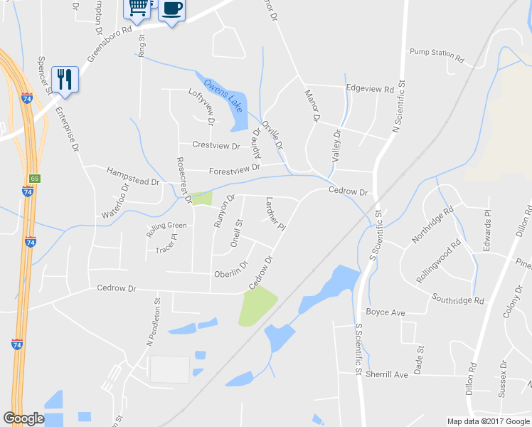 map of restaurants, bars, coffee shops, grocery stores, and more near 419 Lardner Place in High Point