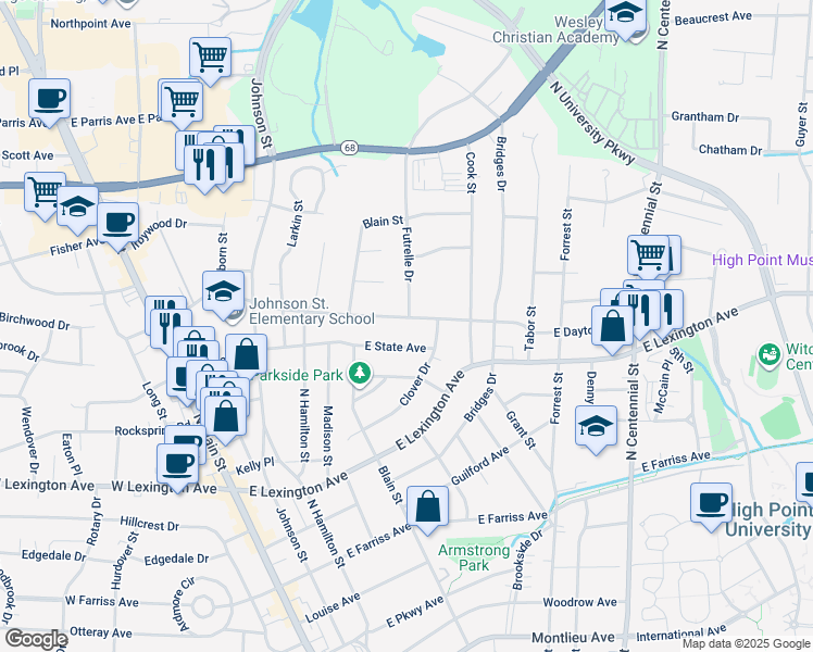map of restaurants, bars, coffee shops, grocery stores, and more near 533 East Dayton Avenue in High Point