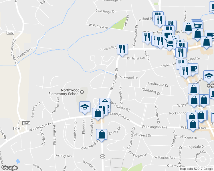 map of restaurants, bars, coffee shops, grocery stores, and more near 808 Parkwood Circle in High Point