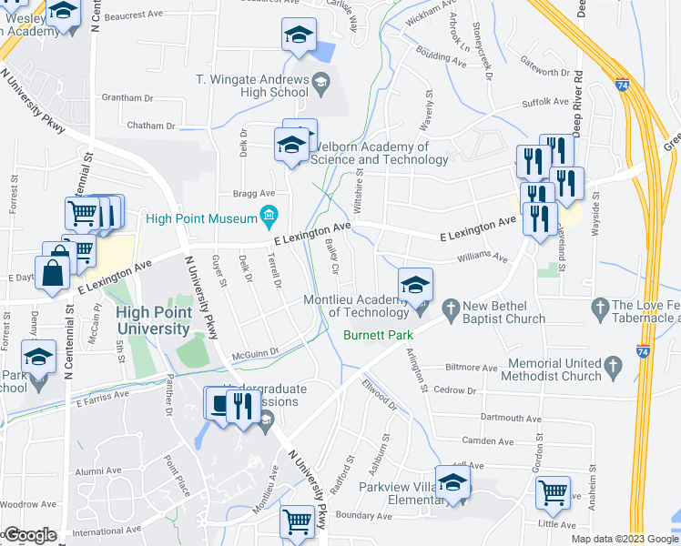 map of restaurants, bars, coffee shops, grocery stores, and more near 1337 Bailey Circle in High Point