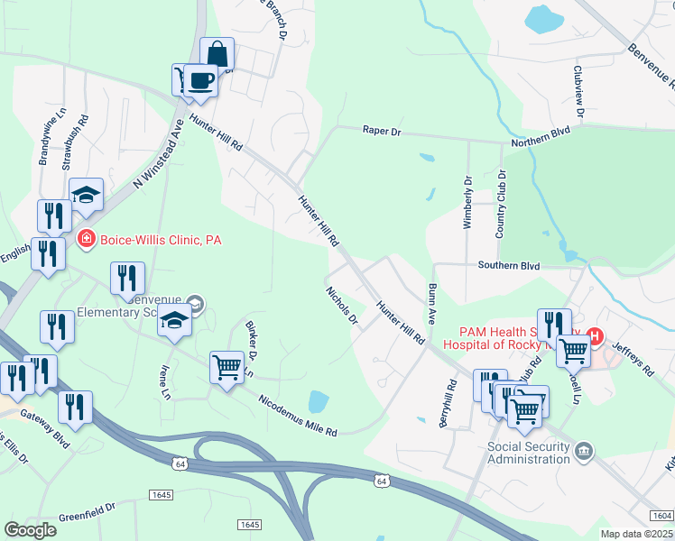 map of restaurants, bars, coffee shops, grocery stores, and more near Hale Street in Rocky Mount