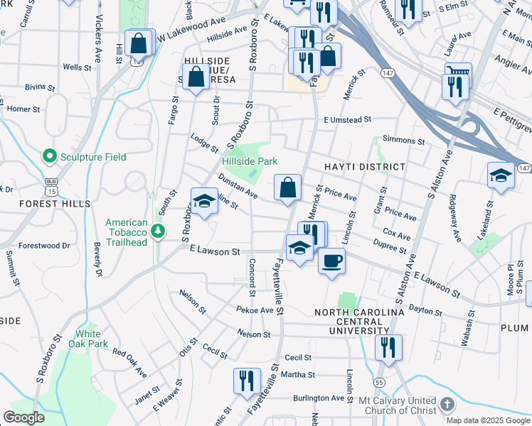 map of restaurants, bars, coffee shops, grocery stores, and more near 407 Moline Street in Durham