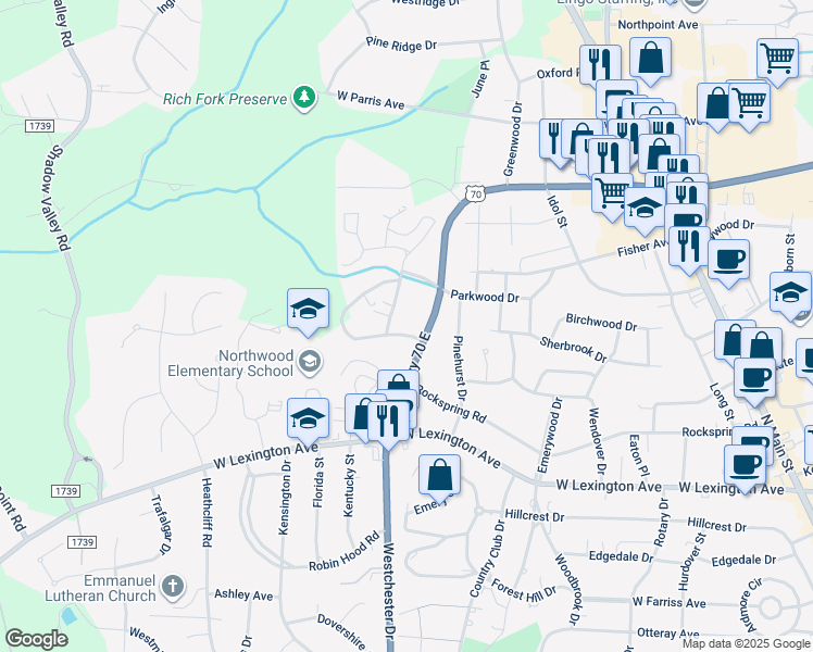 map of restaurants, bars, coffee shops, grocery stores, and more near 808 Parkwood Circle in High Point