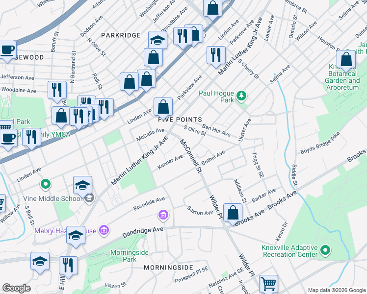 map of restaurants, bars, coffee shops, grocery stores, and more near 381 McConnell Street in Knoxville