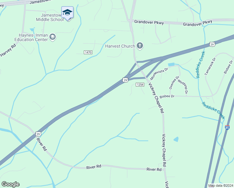 map of restaurants, bars, coffee shops, grocery stores, and more near 6337 Interstate 85 Business in Jamestown