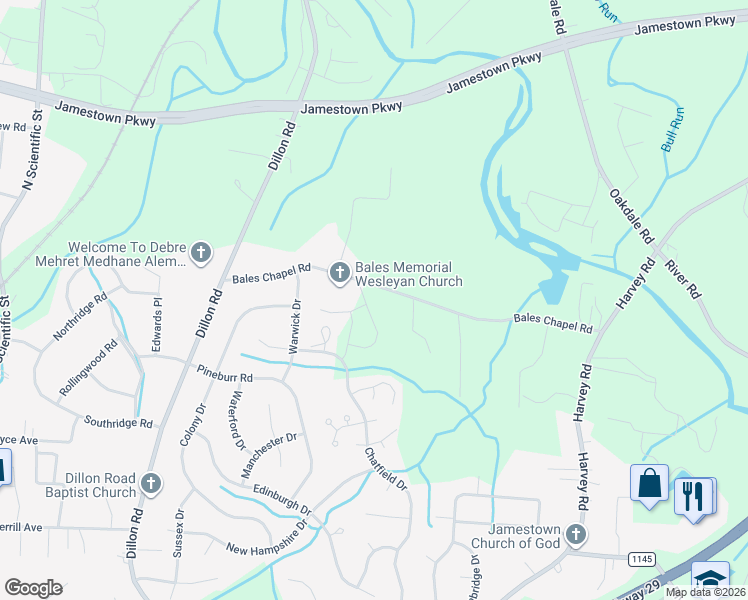 map of restaurants, bars, coffee shops, grocery stores, and more near 1015 Bales Chapel Road in Jamestown