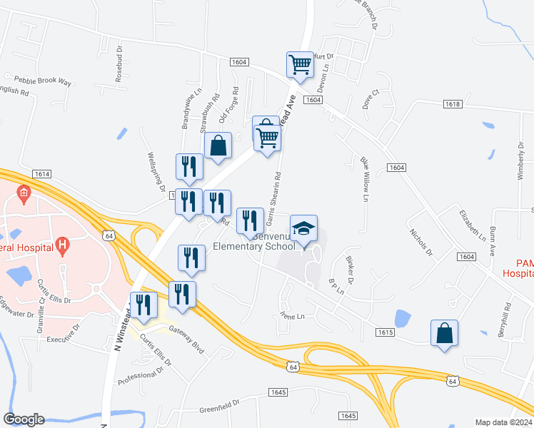 map of restaurants, bars, coffee shops, grocery stores, and more near 848 Garris Shearin Road in Rocky Mount