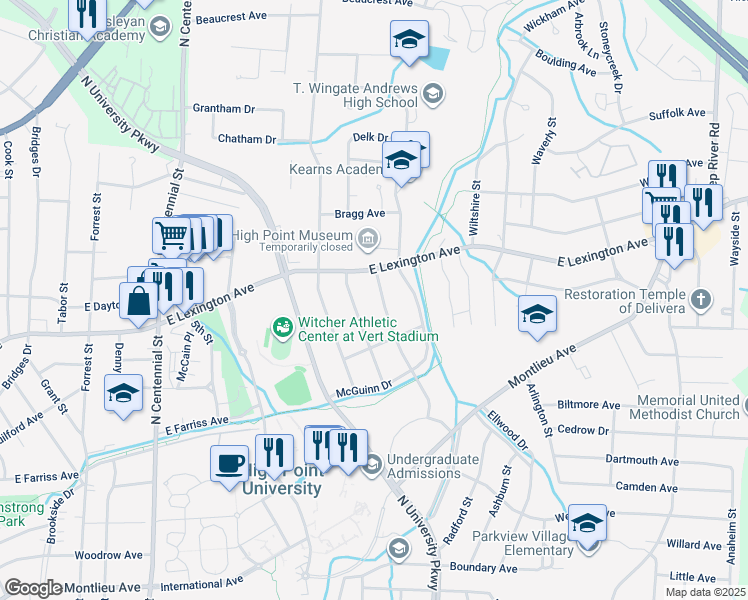 map of restaurants, bars, coffee shops, grocery stores, and more near 1800 East Lexington Avenue in High Point