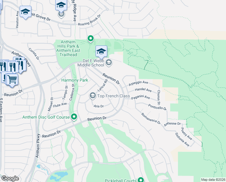 map of restaurants, bars, coffee shops, grocery stores, and more near 2272 Tedesca Drive in Henderson
