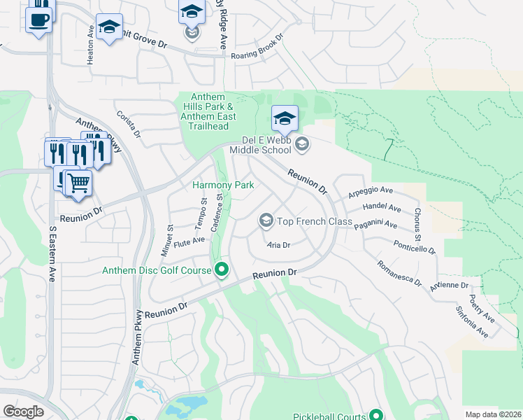 map of restaurants, bars, coffee shops, grocery stores, and more near 2264 Moresca Avenue in Henderson