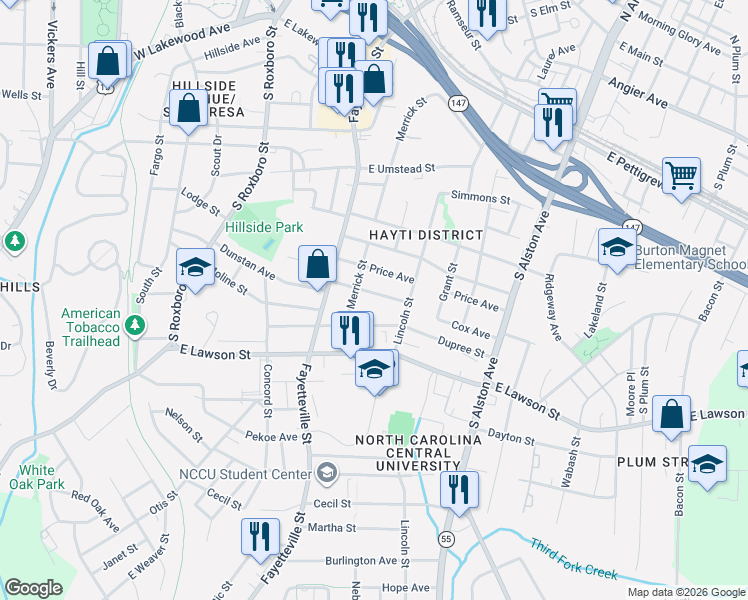 map of restaurants, bars, coffee shops, grocery stores, and more near 603 Dunbar Street in Durham