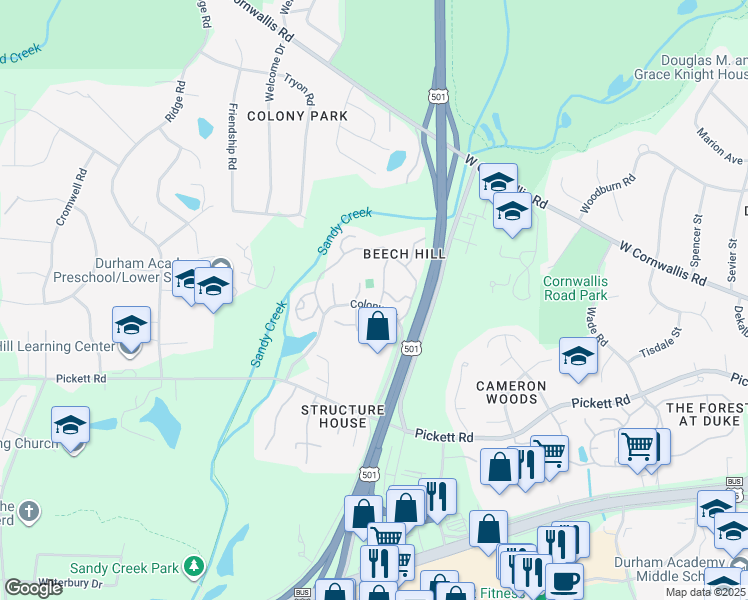map of restaurants, bars, coffee shops, grocery stores, and more near 3060 Colony Road in Durham