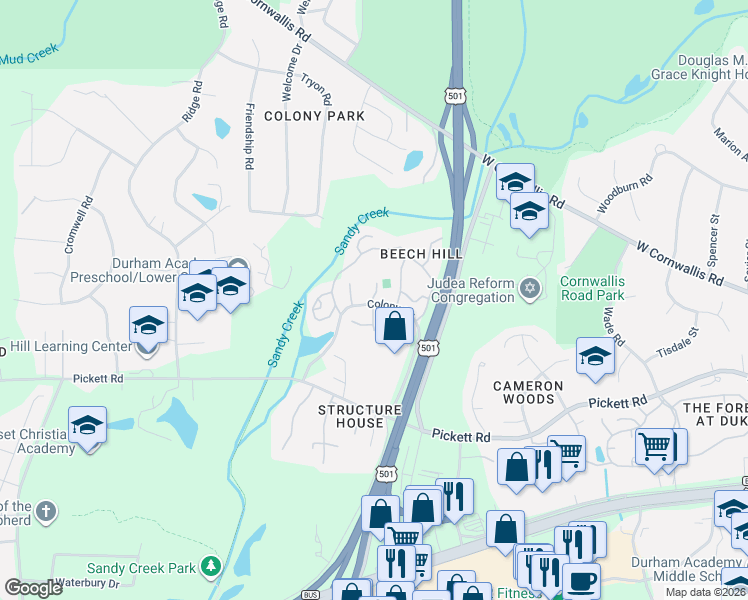 map of restaurants, bars, coffee shops, grocery stores, and more near 3060 Colony Road in Durham