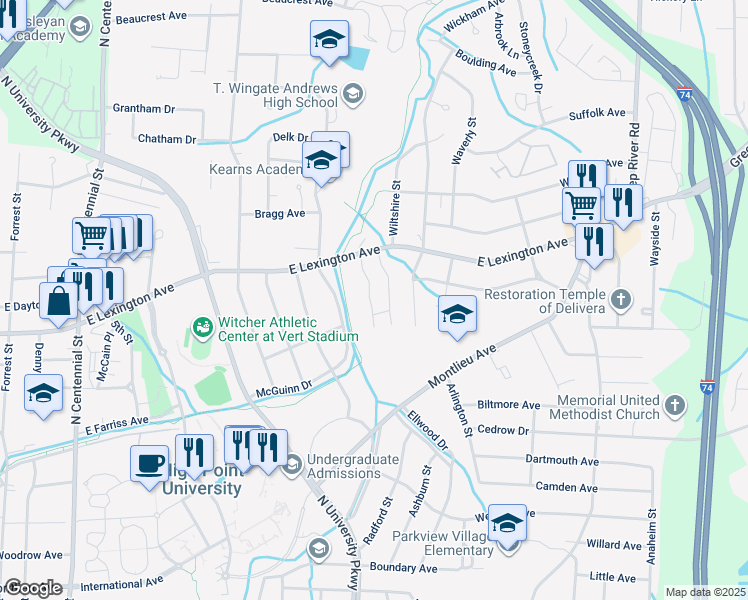 map of restaurants, bars, coffee shops, grocery stores, and more near 1319 Bailey Circle in High Point