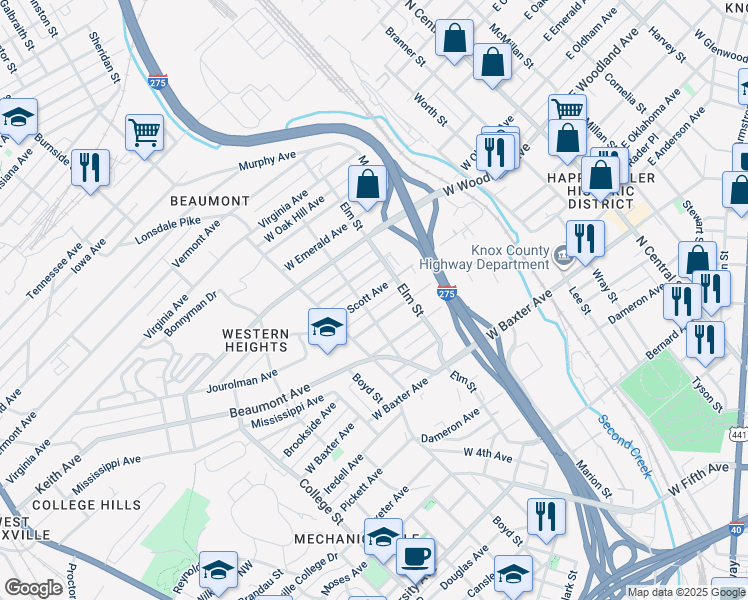 map of restaurants, bars, coffee shops, grocery stores, and more near 824 West Woodland Avenue in Knoxville