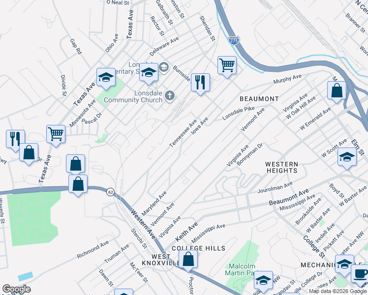 map of restaurants, bars, coffee shops, grocery stores, and more near 1706 Tennessee Avenue in Knoxville