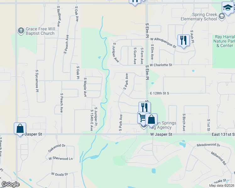 map of restaurants, bars, coffee shops, grocery stores, and more near 913 West Park Court in Broken Arrow