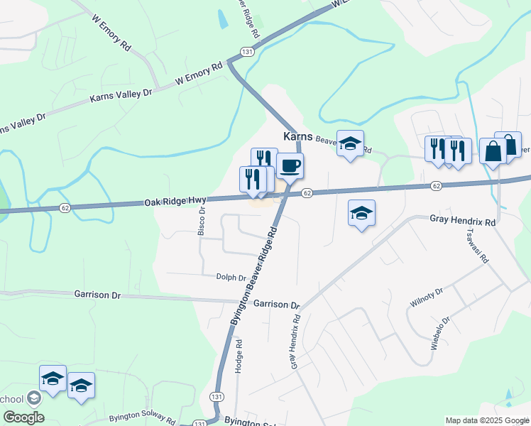 map of restaurants, bars, coffee shops, grocery stores, and more near 8676 Tervada Drive in Knoxville