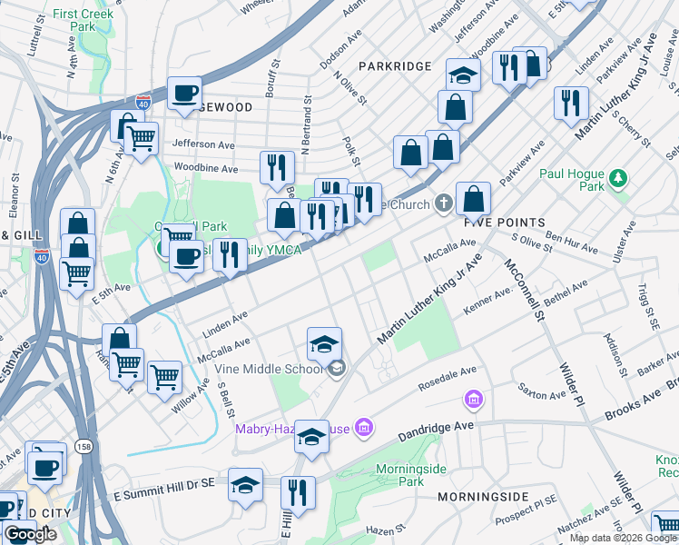map of restaurants, bars, coffee shops, grocery stores, and more near 1800 Linden Avenue in Knoxville