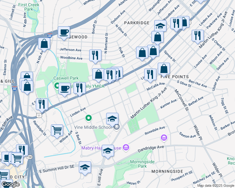 map of restaurants, bars, coffee shops, grocery stores, and more near 1800 Linden Avenue in Knoxville