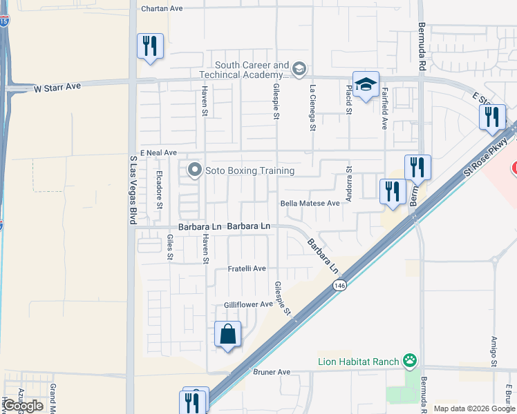 map of restaurants, bars, coffee shops, grocery stores, and more near 11648 Rossovino Street in Las Vegas