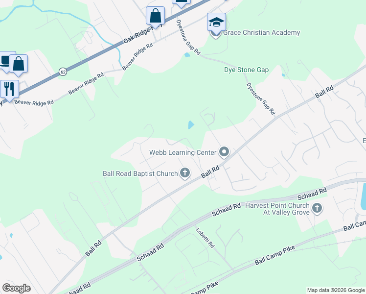 map of restaurants, bars, coffee shops, grocery stores, and more near 6157 Ball Road in Knoxville