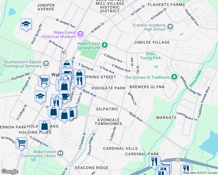 map of restaurants, bars, coffee shops, grocery stores, and more near 201 Highgate Circle in Wake Forest