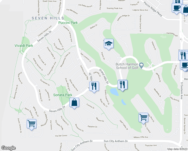 map of restaurants, bars, coffee shops, grocery stores, and more near 2925 Carmelo Drive in Henderson