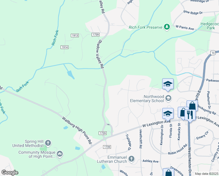 map of restaurants, bars, coffee shops, grocery stores, and more near 210 Shadow Valley Road in High Point