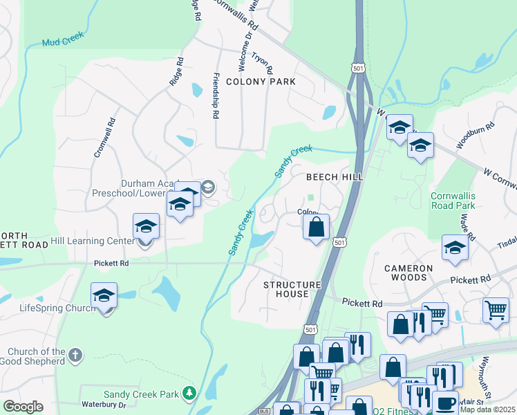 map of restaurants, bars, coffee shops, grocery stores, and more near 21 Stoneridge Circle in Durham
