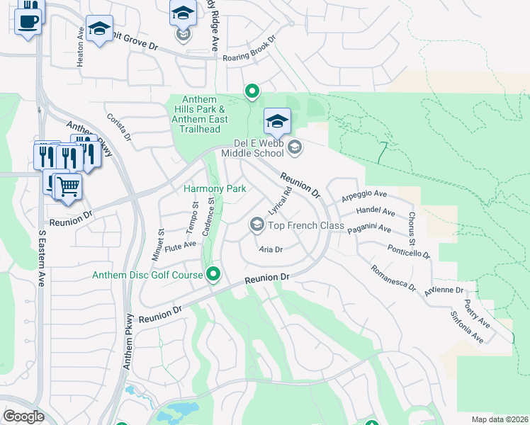 map of restaurants, bars, coffee shops, grocery stores, and more near 2264 Moresca Avenue in Henderson