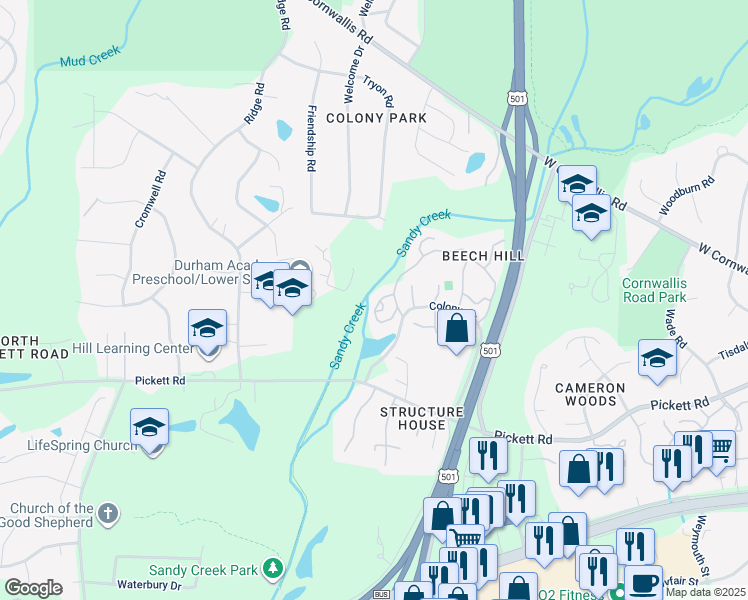map of restaurants, bars, coffee shops, grocery stores, and more near 21 Stoneridge Circle in Durham
