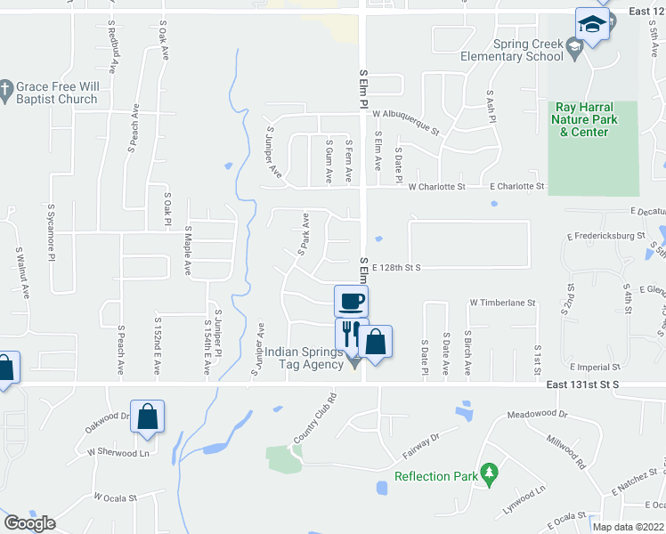 map of restaurants, bars, coffee shops, grocery stores, and more near 717 Briarwood Court in Broken Arrow