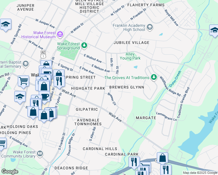 map of restaurants, bars, coffee shops, grocery stores, and more near 720 Best Street in Wake Forest