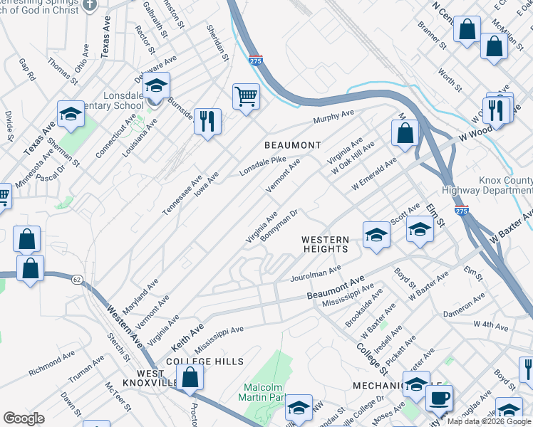 map of restaurants, bars, coffee shops, grocery stores, and more near 1245 Virginia Avenue in Knoxville