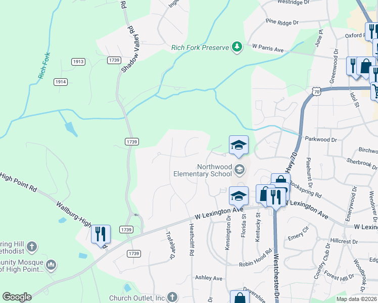 map of restaurants, bars, coffee shops, grocery stores, and more near 1707 Farnsworth Court in High Point