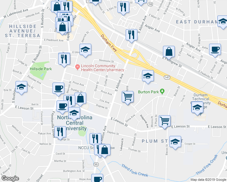 map of restaurants, bars, coffee shops, grocery stores, and more near 808 South Alston Avenue in Durham