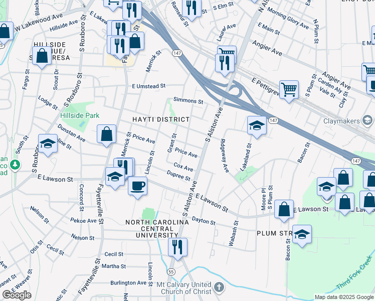 map of restaurants, bars, coffee shops, grocery stores, and more near 817 Massey Avenue in Durham
