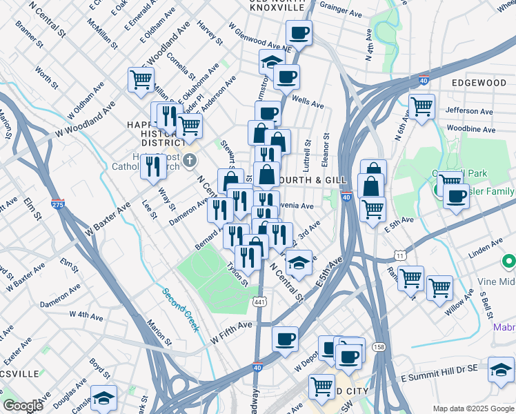 map of restaurants, bars, coffee shops, grocery stores, and more near 826 North Broadway in Knoxville