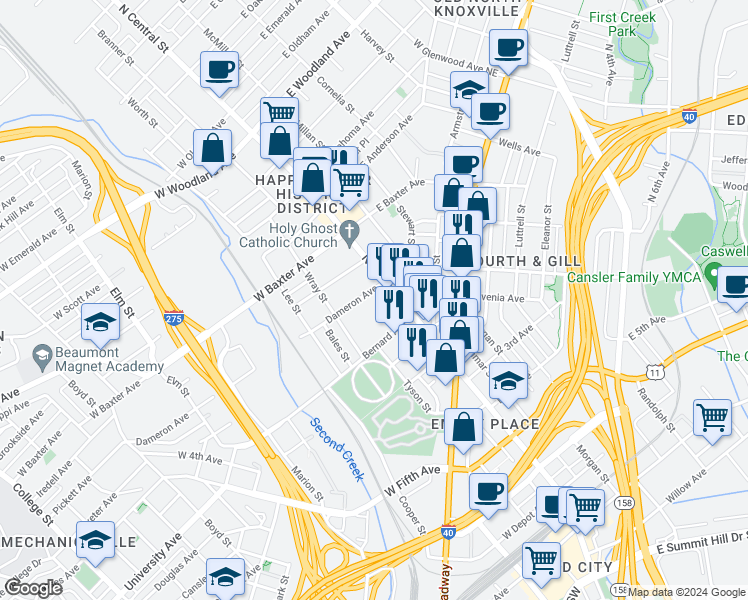 map of restaurants, bars, coffee shops, grocery stores, and more near 925 North Central Street in Knoxville