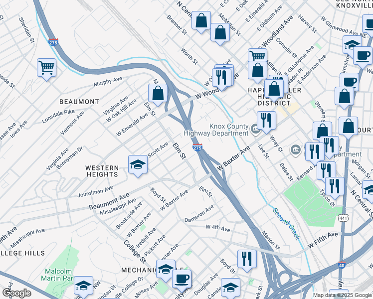 map of restaurants, bars, coffee shops, grocery stores, and more near 703 Belleaire Avenue in Knoxville